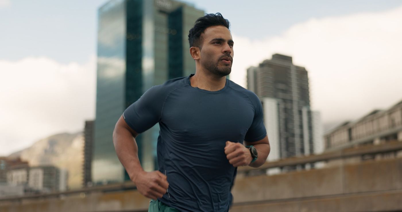 A man running through a city